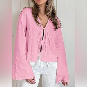 Women’s Pink Tie-Front Long Sleeve Top